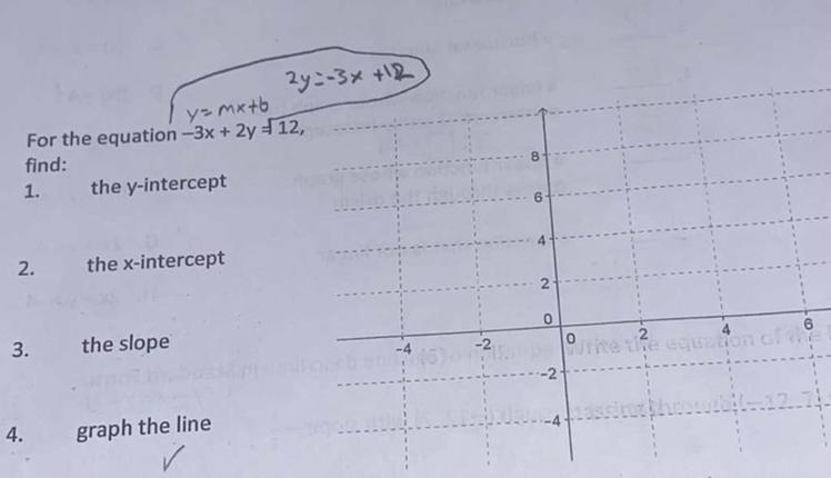 For the equation -3x + 2y = 12, find the following--example-1