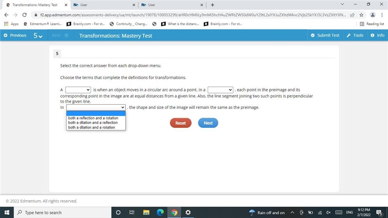 Choose the terms that complete the definitions for transformations.A is when an object-example-1