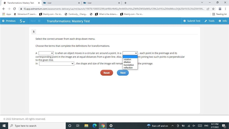 Choose the terms that complete the definitions for transformations.A is when an object-example-2