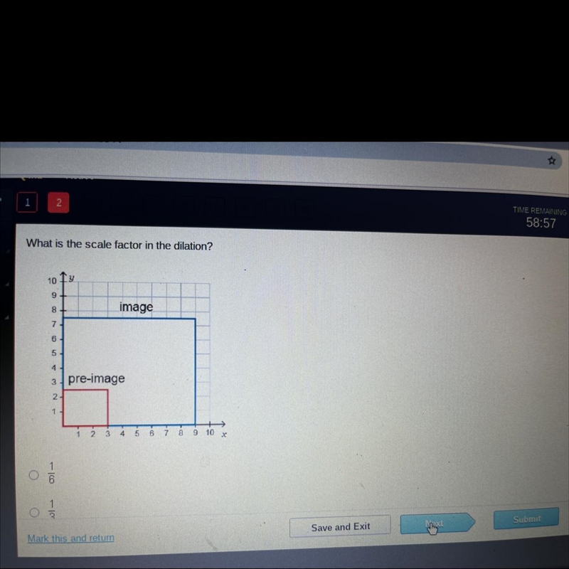 What is the scale factor in the dilation? 10 y 9 8 image 7 6 5 4 NA 3 pre-image 2 1 - + 12 3 4 5 B-example-1