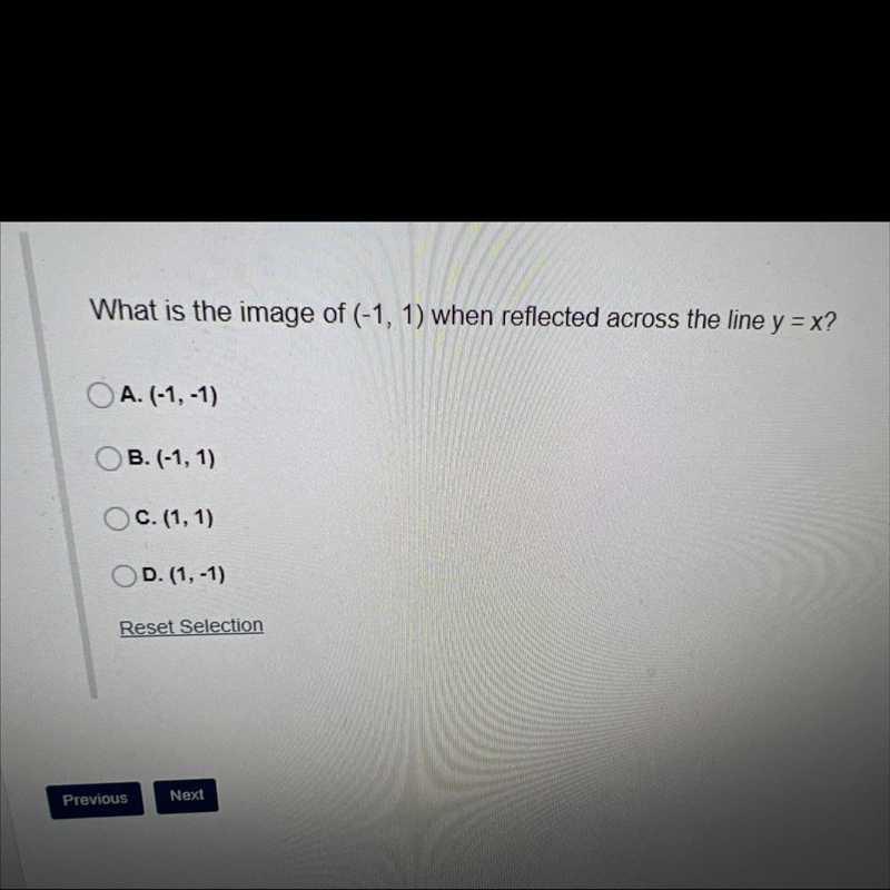 What is the image of (-1,1) when reflected across the line y=x?-example-1