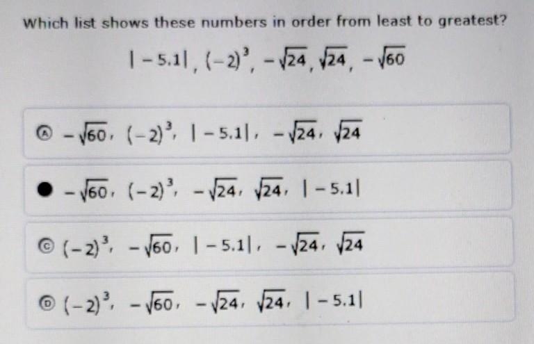 HELP ME OUT PLS!!! Which list shows these numbers in order from least to greatest-example-1