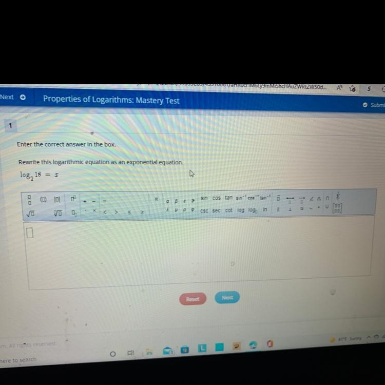 1 Enter the correct answer in the box Rewrite this logarithmic equation as an exponential-example-1