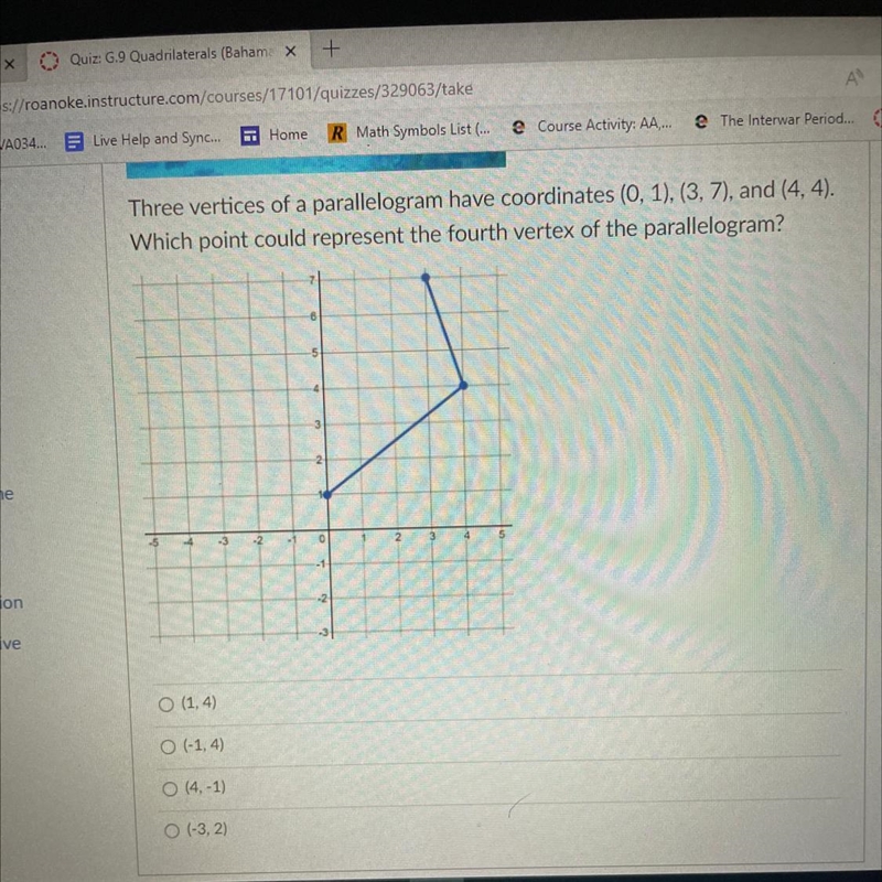 Three vertices of a parallelogram have coordinates (0,10, (3,7), and (4,4.) which-example-1