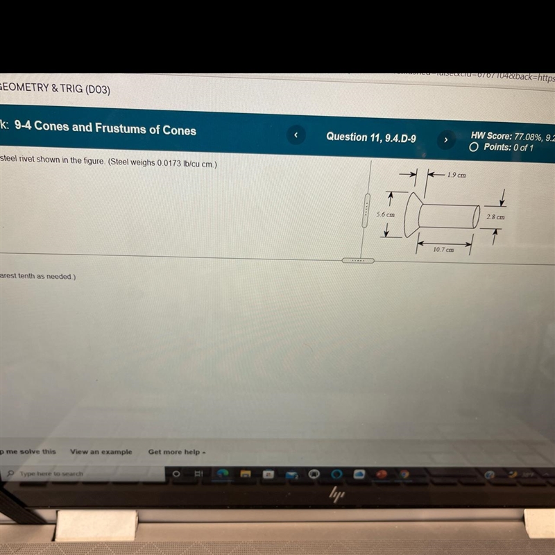 Find the weight of the steel rivet shown in the figure (steel weighs 0.0173 pounds-example-1