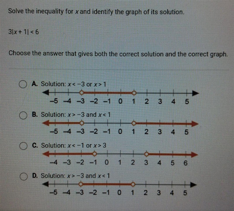 Solve the inequality for x and identify the graph of its solution. 3(x + 1) < 6 Choose-example-1