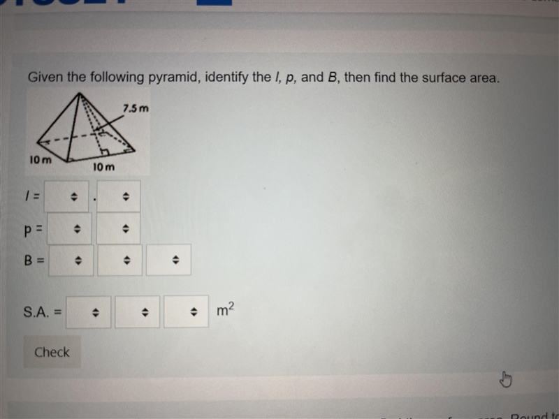 Given the following pyramid identify the L, P, and B then find the surface area-example-1