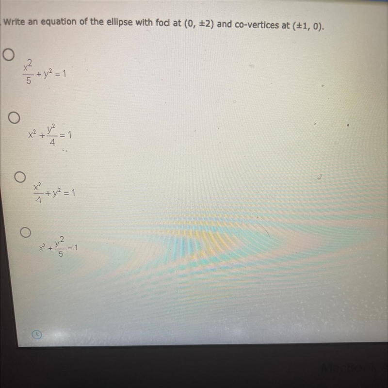 2. Write an equation of the ellipse with foci at (0, +2) and co-vertices at （+1, 0）.དུ དུའི - 1།14︽ 》སོ – །-example-1