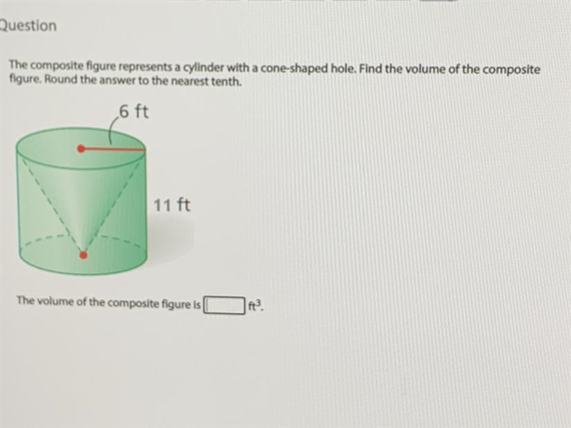 The composite figure represents a cylinder with a cone-shaped hole. Find the volume-example-1