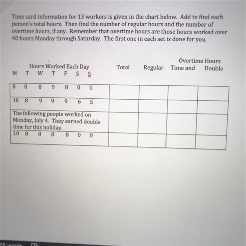 Time card information for 13 workers is given in the chart below. Add to find eachperson-example-1