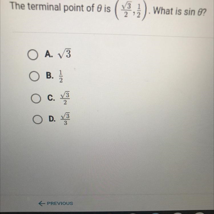 The terminal point of O isV3 12:2What is sin ?O A. V3B.c.D.la S.-example-1