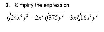 Simplify the expression. \sqrt[3]{24x^(6)y^(2)}-2x^(2) \sqrt[3]{375y^(2)}-3x\sqrt-example-1