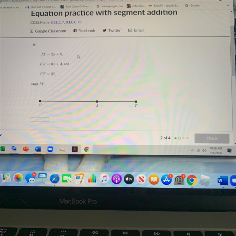 If:JT = 2x + 9,CJ = 6x + 4, andCT = 37,Find JT.JI-example-1