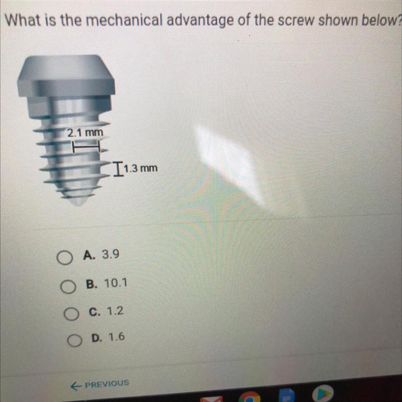 What is the mechanical advantage of the screw shown below?2.1 mm1.3 mm-example-1