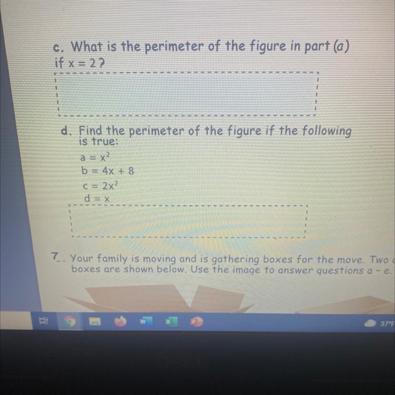 Hello I need help please In part a, the perimeter is:P = 12x + 19For part d, the perimeter-example-1