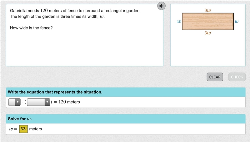 Gabriella needs 120120 meters of fence to surround a rectangular garden.The length-example-1