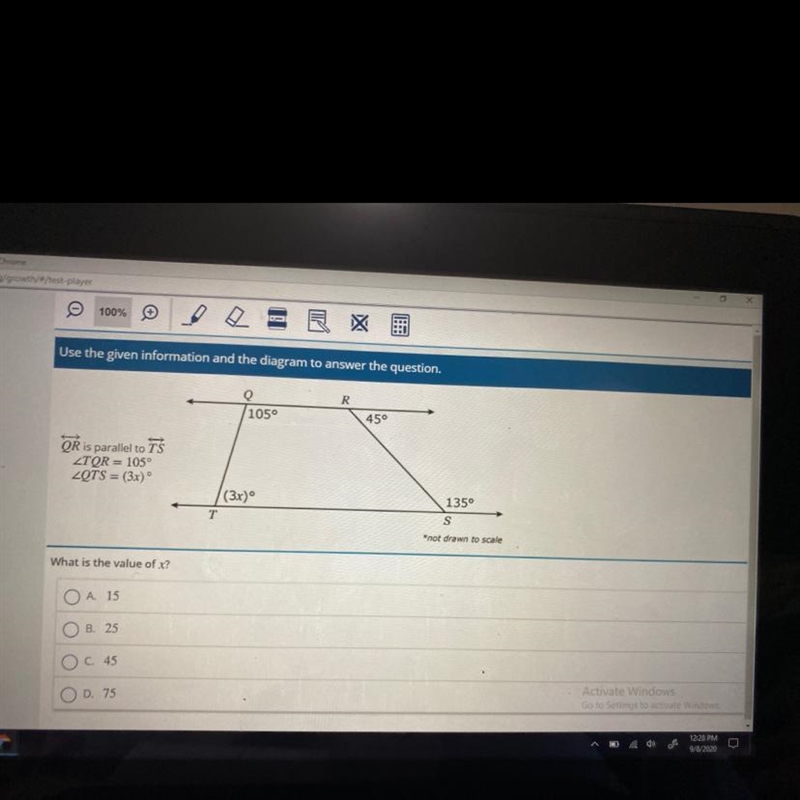 QR is parallel to TSZTQR = 105°2QTS = (3x)What is the value of x? A. 15B. 25c. 45D-example-1