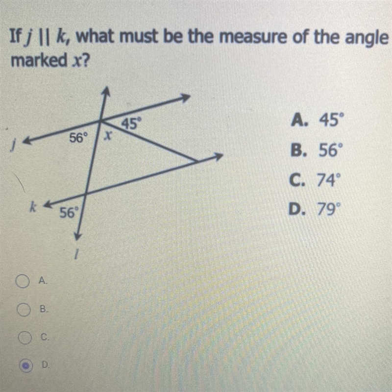 If j || k, what must be the measure of the angle marked x? 45° A. 45° 56° B. 56 B-example-1