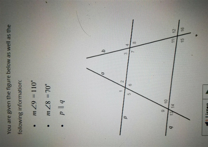 You are given the figure below as well as the following information: m <9 = 110⁰ m-example-1