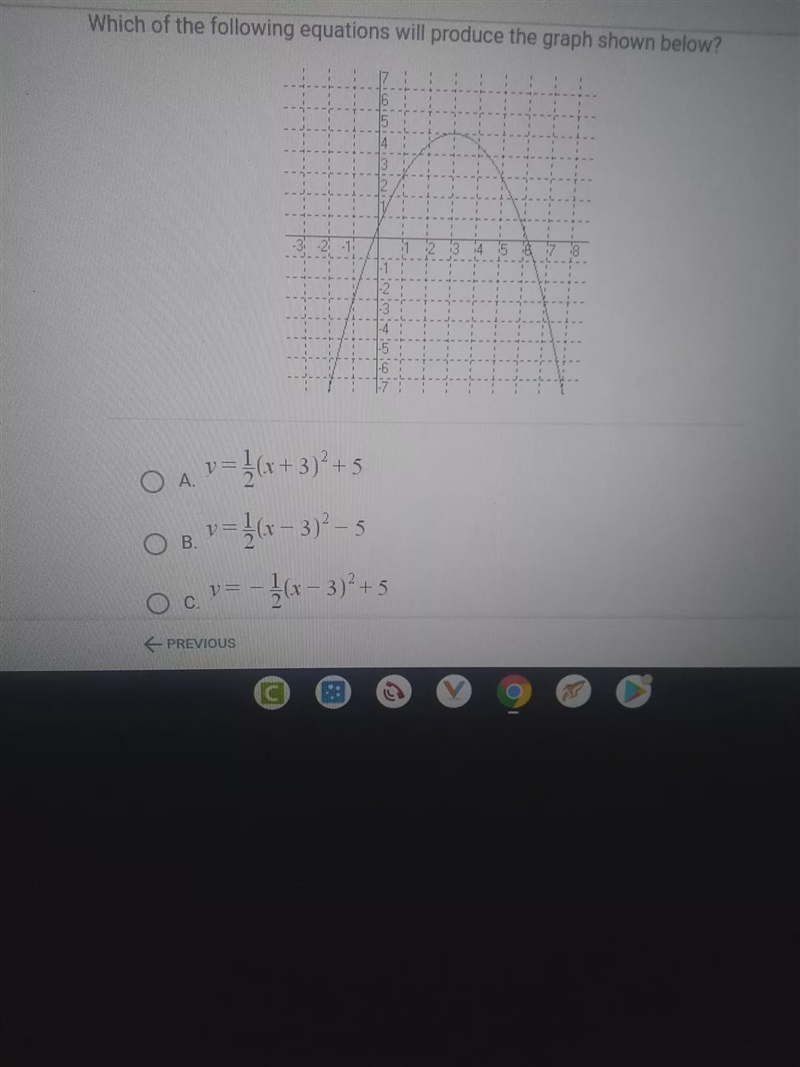 OB O A. v=(x+3)2+5 3. v= ? ( - 3)2 - 5 - 11/(x - 3)² + 5 - 1/(x - 3)² – 5 Oc. 2.1 V-example-1