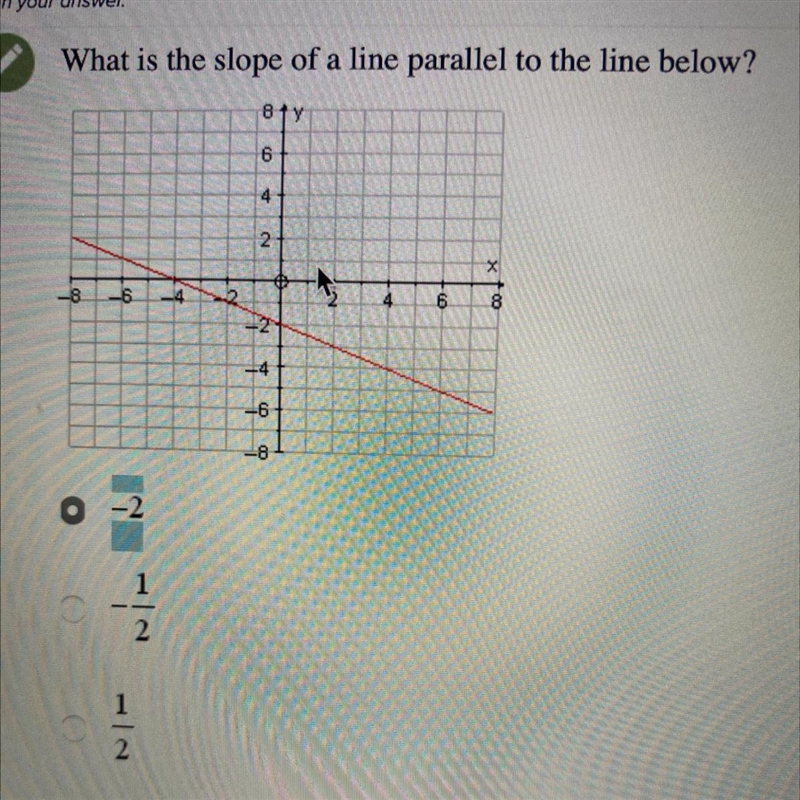 What is the slope of a line parallel to the line below? A. -2B. -1/2C. 1/2D. 2-example-1