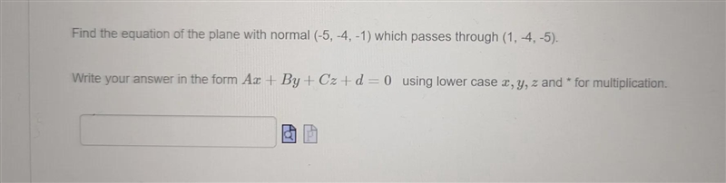 Find the equation of the plane with normal (-5, -4, -1) which passes through (1, -4,-5).-example-1