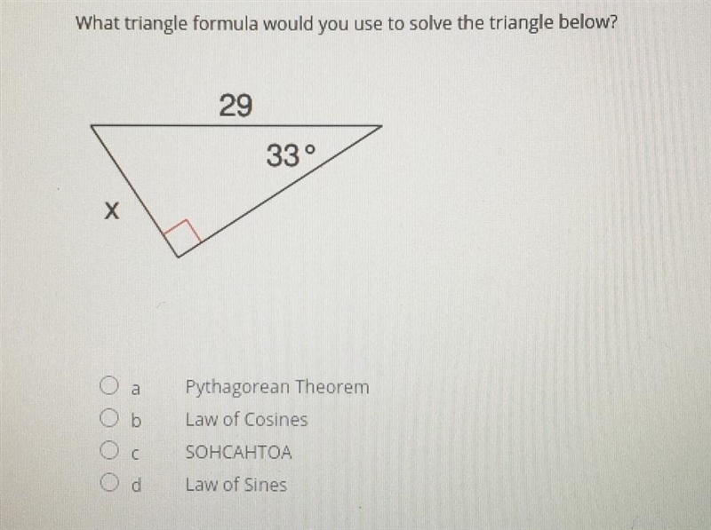 Multiple choice triangle. im pretty sure its pythagorean theorem but please let me-example-1