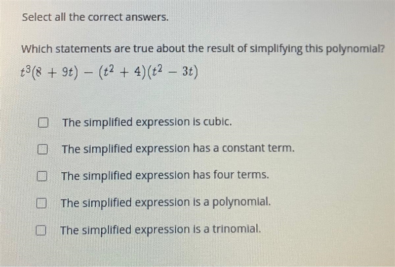 Which statements are true about the result of simplifying this polynomial?-example-1