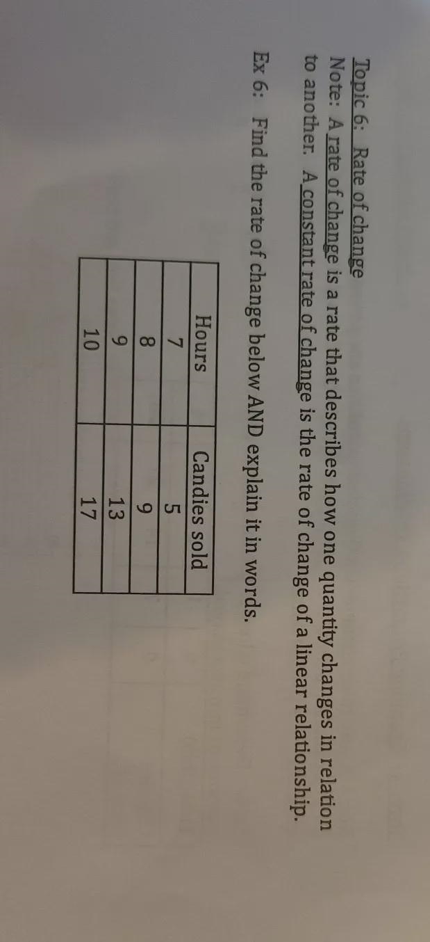 Topic 6: Rate of change Note: A rate of change is a rate that describes how one quantity-example-1