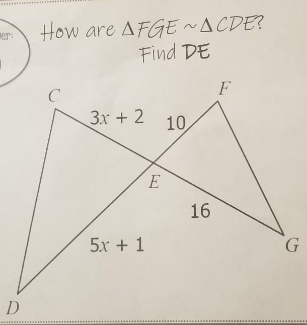 How is triangle FGE similar to triangle CDE, find DE-example-1