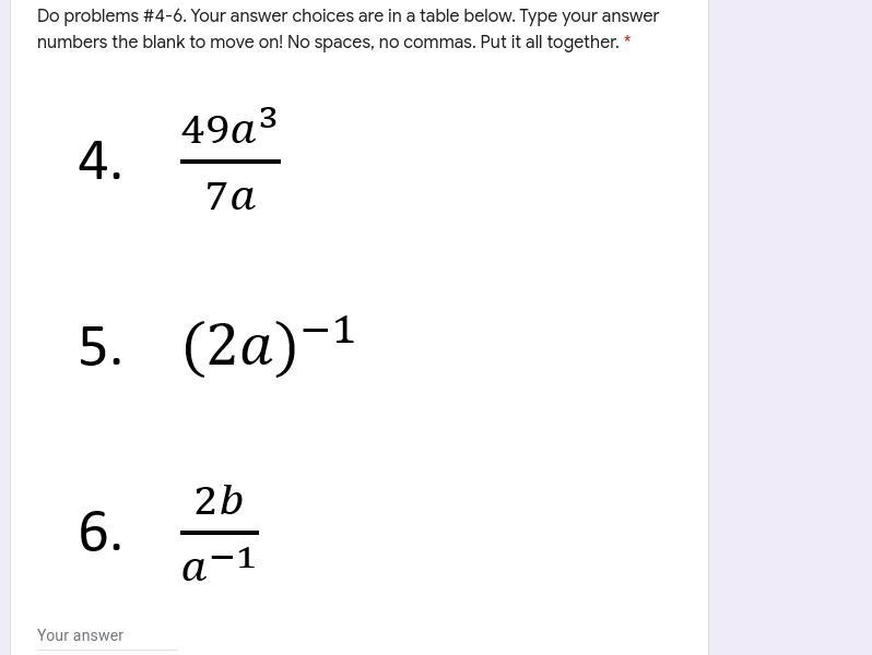 Do problems #4-6. Your answer choices are in a table below. Type your answer numbers-example-1