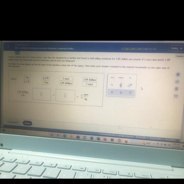 I need to fill in the blanks with the ratios given to find the cost of tomatoes in-example-1