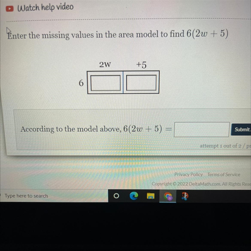 Enter the missing values in the area model to find 6(2w+5)-example-1