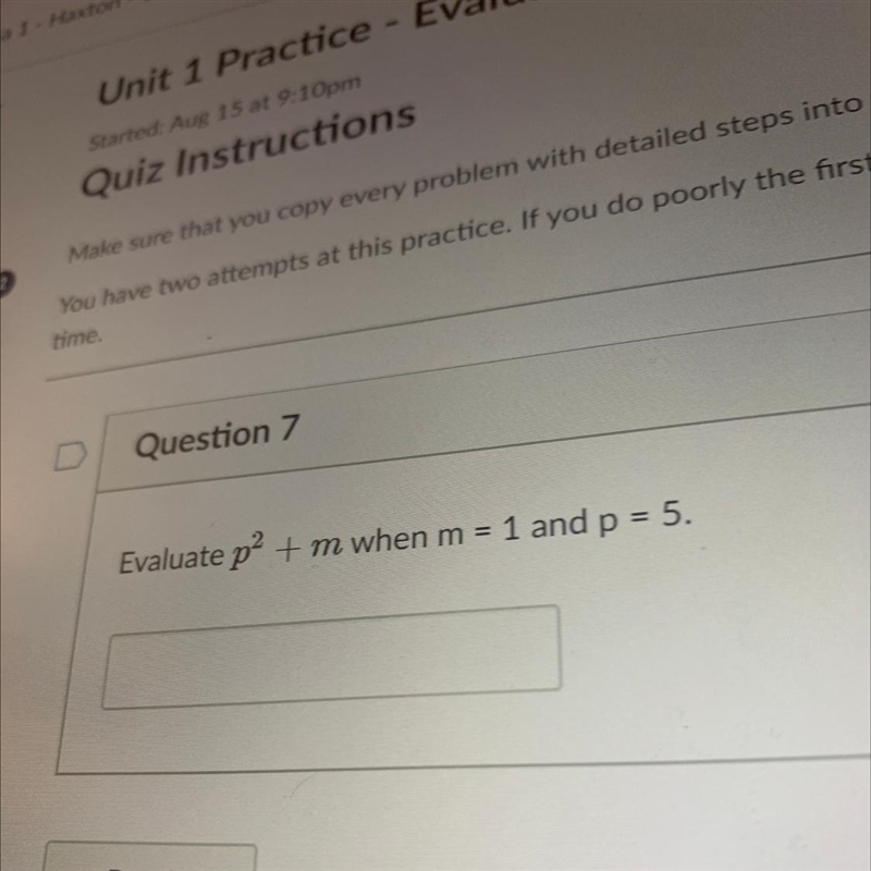 Evaluate p² + m when m = 1 and p=5-example-1