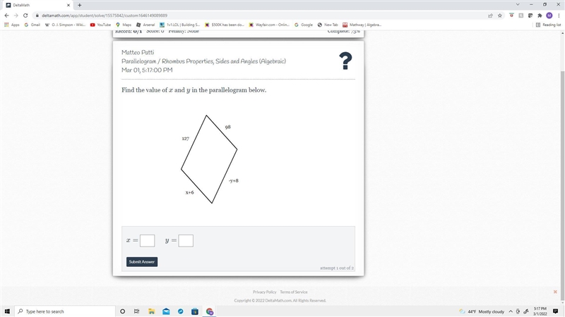 Find the value of xx, yy, and zz in the parallelogram below.-example-1