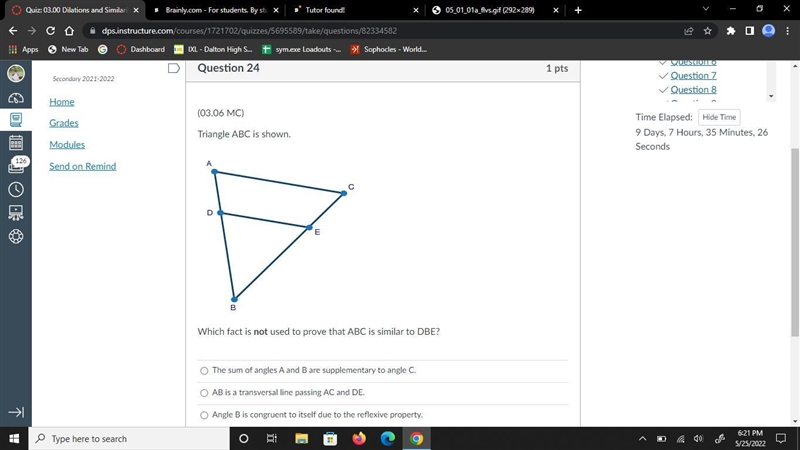 Triangle ABC is shown.Which fact is not used to prove that ABC is similar to DBE?-example-1