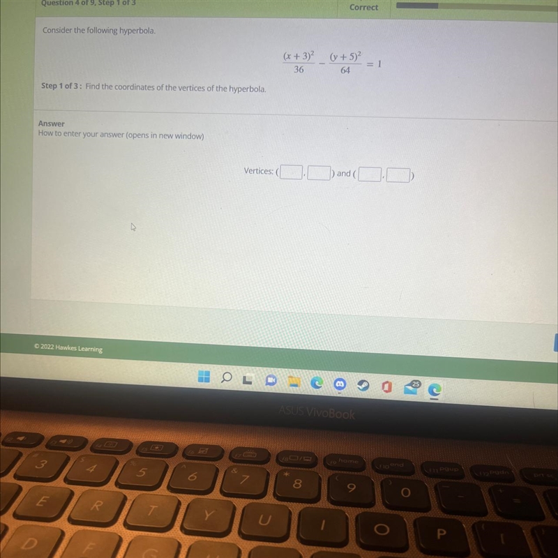 Consider the following hyperbola.(x + 3)2 (y + 5)23664Step 1 of 3: Find the coordinates-example-1