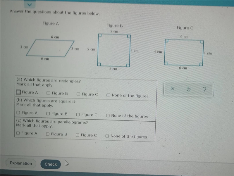 Answer the questions about the figures below. 3 cm Figure A 6 cm 6 cm 3 cm Figure-example-1