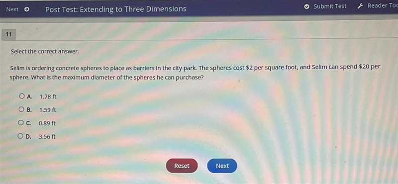 Select the correct answer. Selim Is ordering concrete spheres to place as barriers-example-1