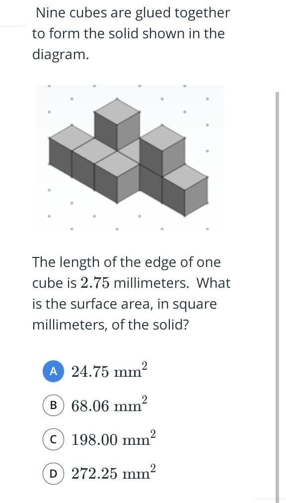 Nine cubes are glued together to form the solid shown in the digram .-example-1