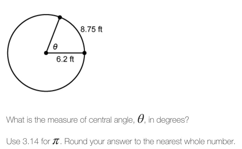 What is the measure of central angle, θ, in degrees?Use 3.14 for π. Round your answer-example-1