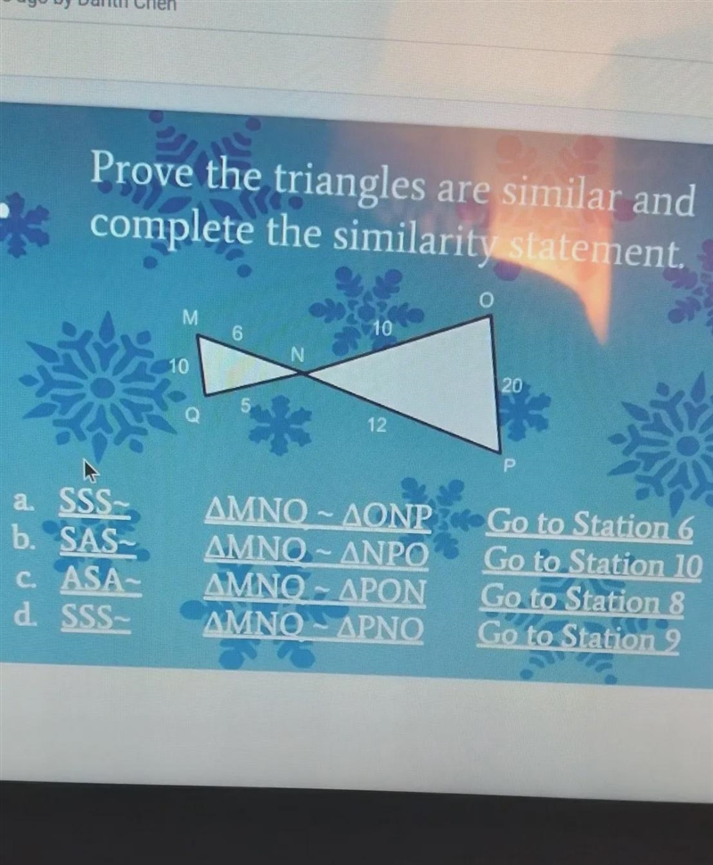 Prove the triangles are similar and complete the similarity statement-example-1