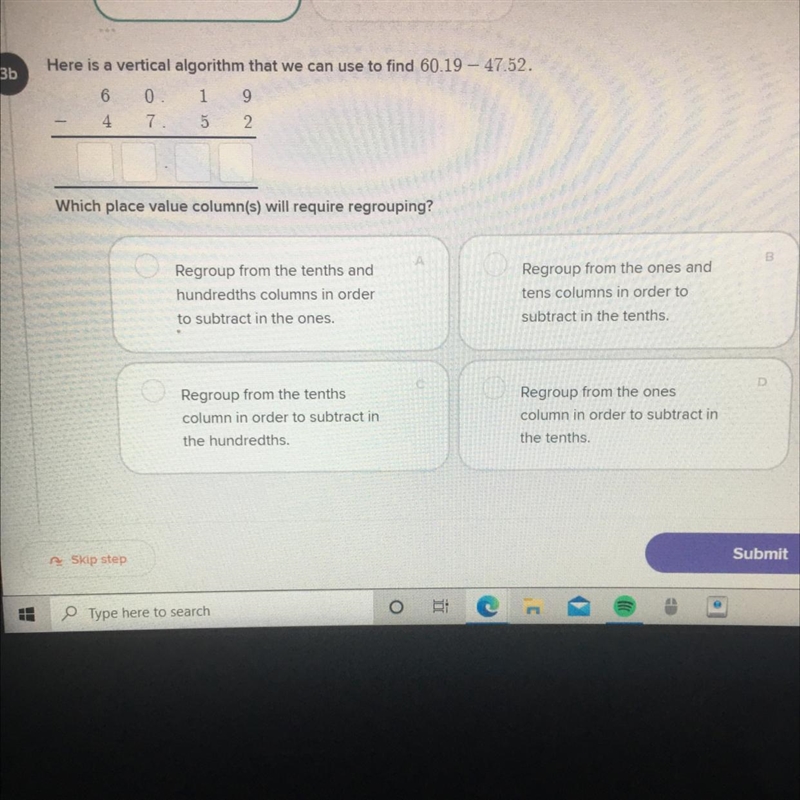 Here is a vertical algorithm that we can use to find 60.19 – 47.52.Which place value-example-1