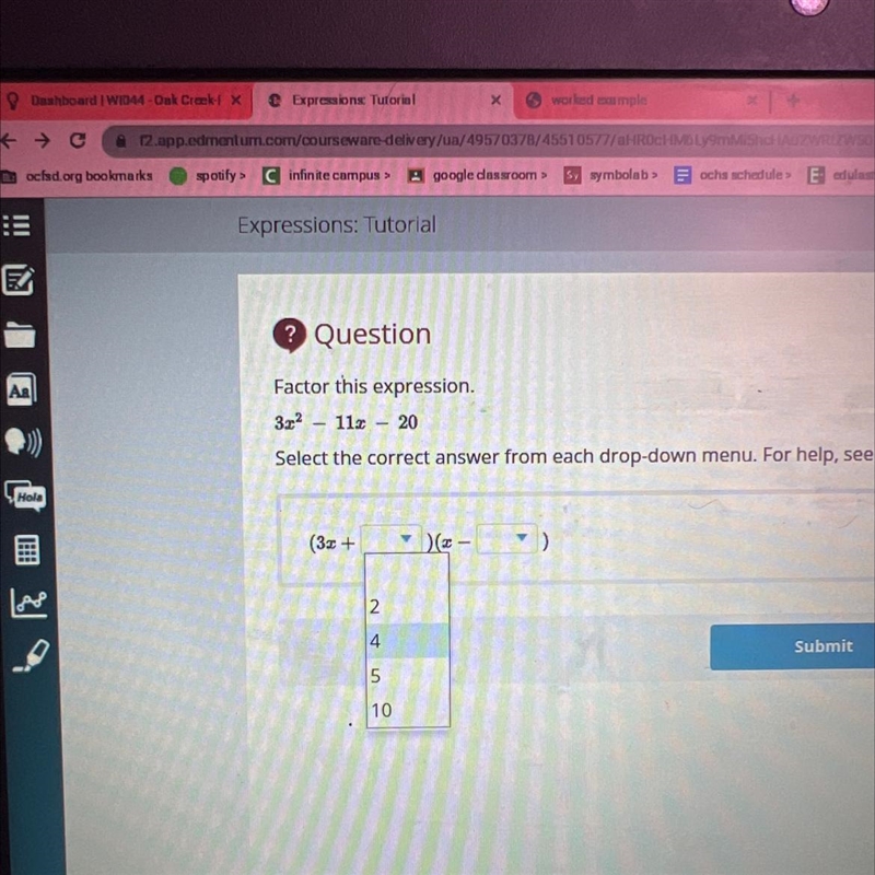 Factor this expression. Select the correct answer from each drop-down menu. 3x^2-11x-example-1