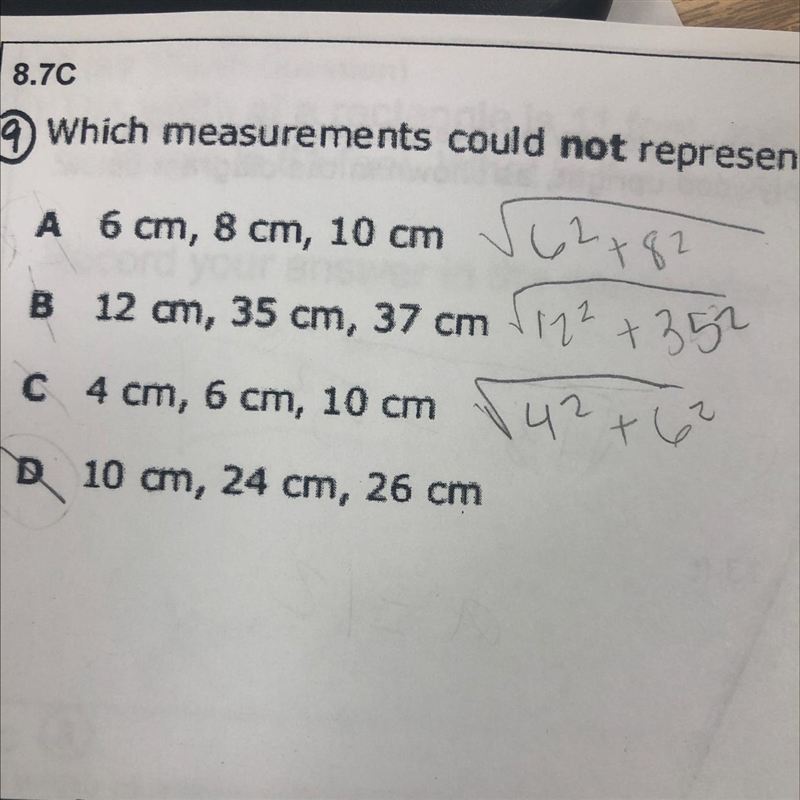 Which measurements could NOT represent the side lengths of a right triangle?-example-1