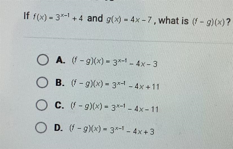 If f(x) = 31-1 + 4 and g(X) = 4% -7, what is-example-1