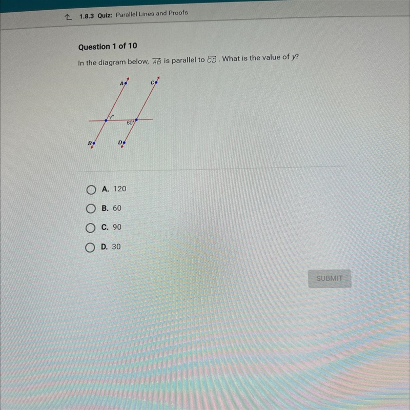 In the diagram below, AB is parallel to CD. What is the value of y?Α.ly607Β.0Α. 120Β. 60Ο Ο Ο ΟC-example-1