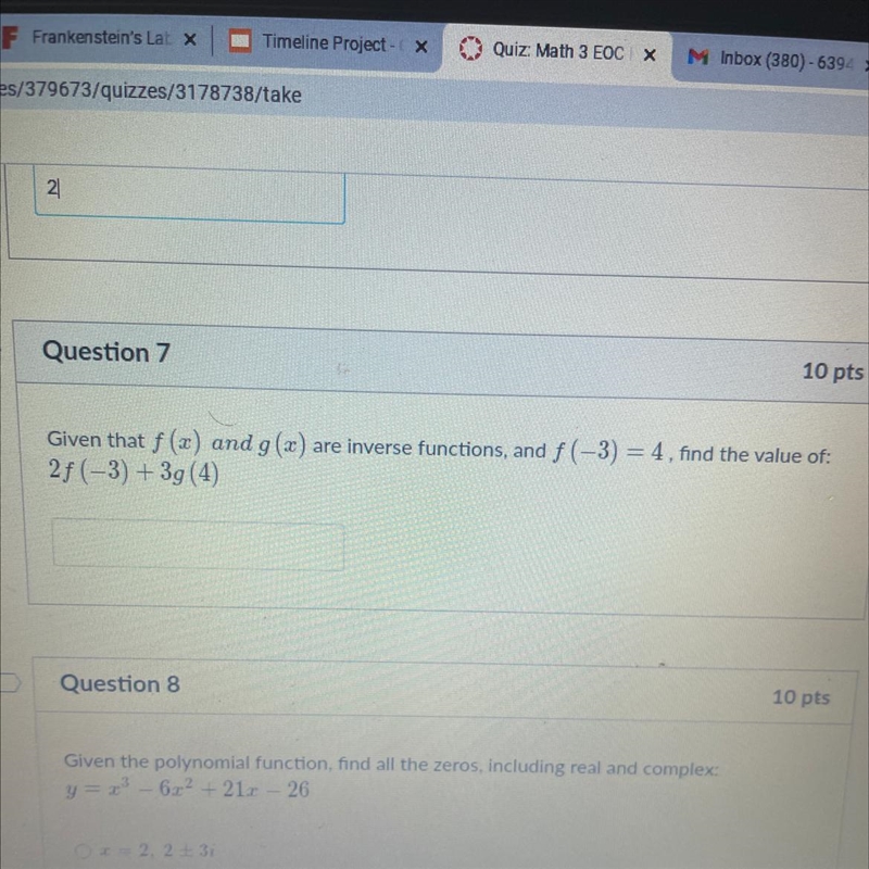 Given that f (x) and g(2) are inverse functions, and f(-3) = 4, find the value of-example-1