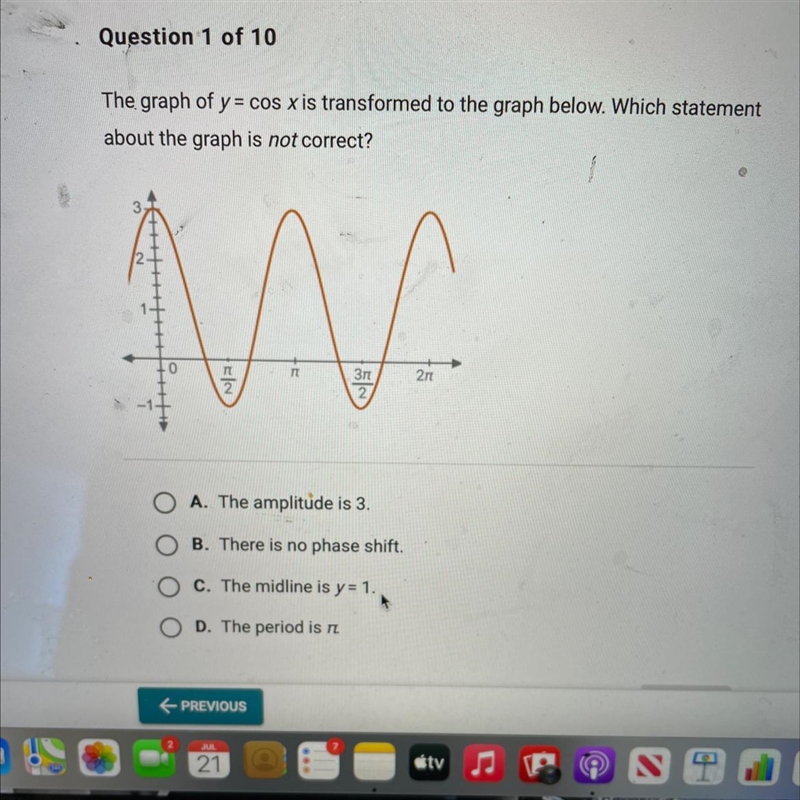 The graph of y= cos x is transformed to the graph below. Which statementabout the-example-1