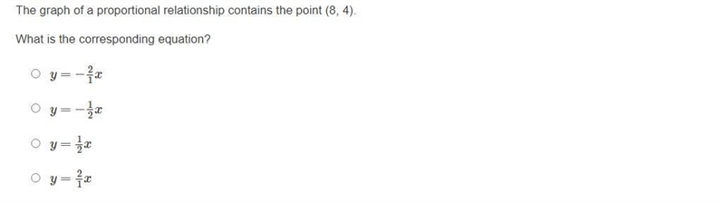 The graph of a proportional relationship contains the point (8, 4). What is the corresponding-example-1